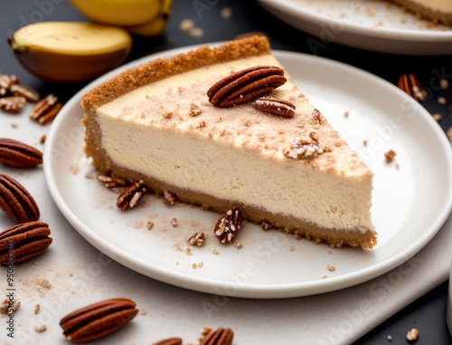 A velvety slice of cheesecake on a white plate. With pecans.