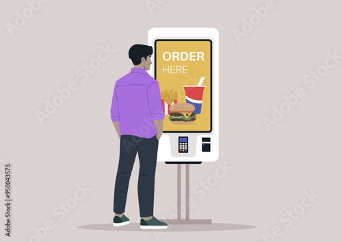 A character places their fast food order at a modern touchscreen kiosk while enjoying a casual day out in the city