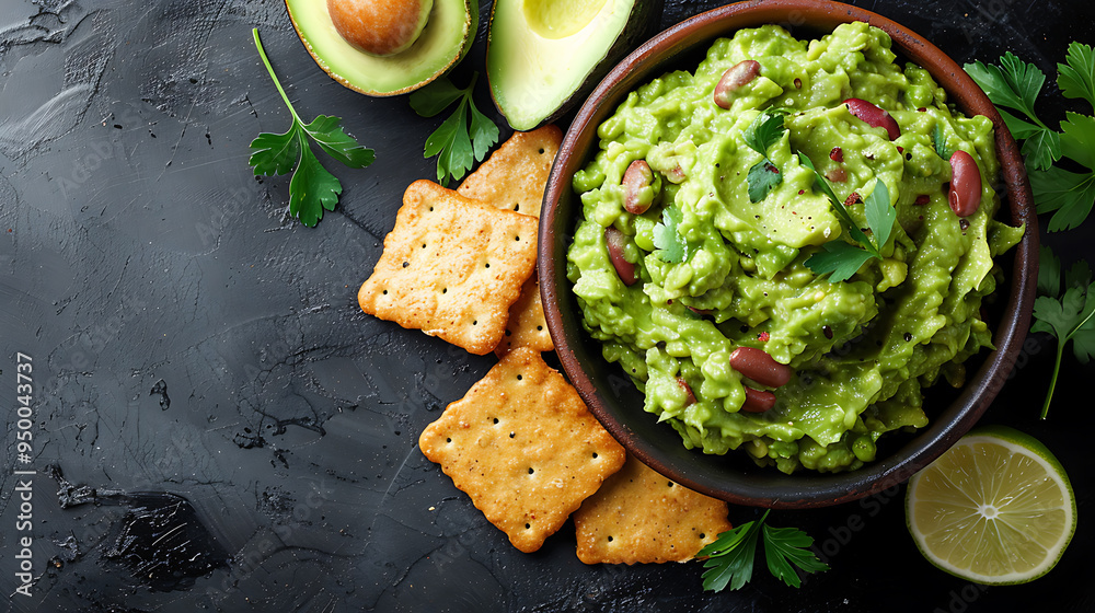 Bowl of fresh guacamole with a side of whole grain crackers Bowl of fresh guacamole with a side of whole grain crackers