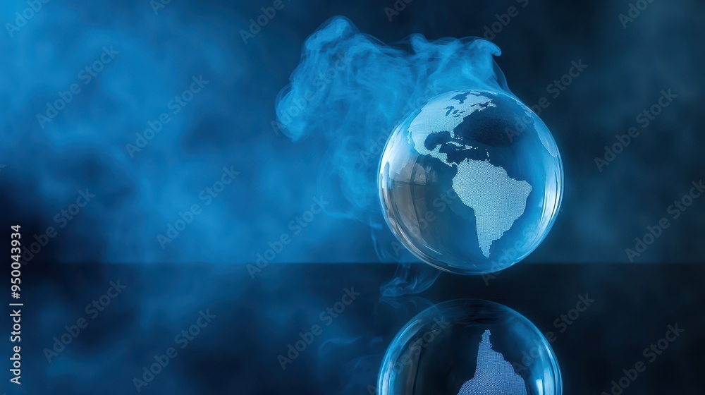 A futuristic digital globe displaying continents in a pixelated style, surrounded by blue smoke, with a reflective surface below it. A futuristic digital globe displaying continents in a pixelated style, surrounded by blue smoke, with a reflective surface below it.