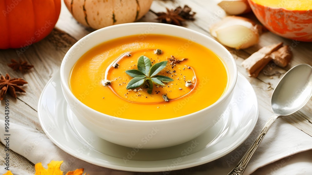 A bowl of butternut squash soup garnished with fresh herbs and spices. A bowl of butternut squash soup garnished with fresh herbs and spices.