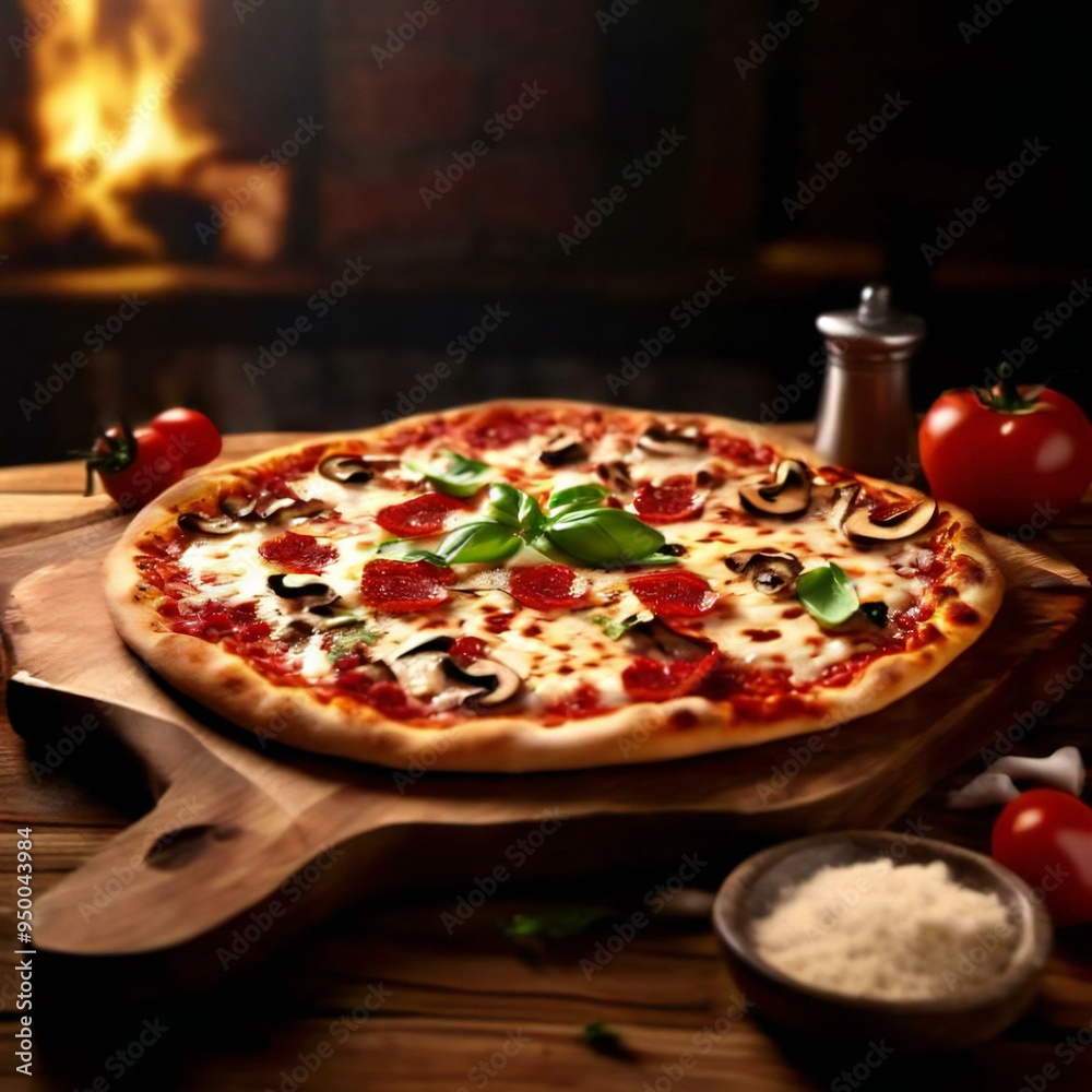 A delicious freshly baked greek pizza with feta cheese, olives, tomato, and green pepper