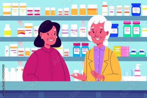 A woman and a man are standing in front of a pharmacy counter. The woman is smiling and the man is looking at her