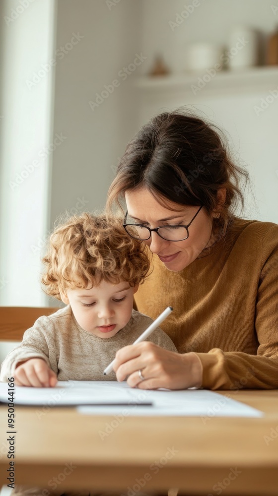 A single parent helping their child with homework at the kitchen table, capturing a moment of support and dedication in a lightly lived-in space A single parent helping their child with homework at the kitchen table, capturing a moment of support and dedication in a lightly lived-in space
