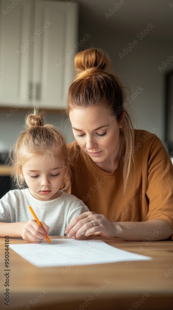 A single parent helping their child with homework at the kitchen table, capturing a moment of support and dedication in a lightly lived-in space A single parent helping their child with homework at the kitchen table, capturing a moment of support and dedication in a lightly lived-in space