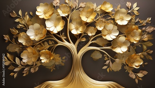 Gold gold gold gold tree print artwork with three dimensional silk flowers