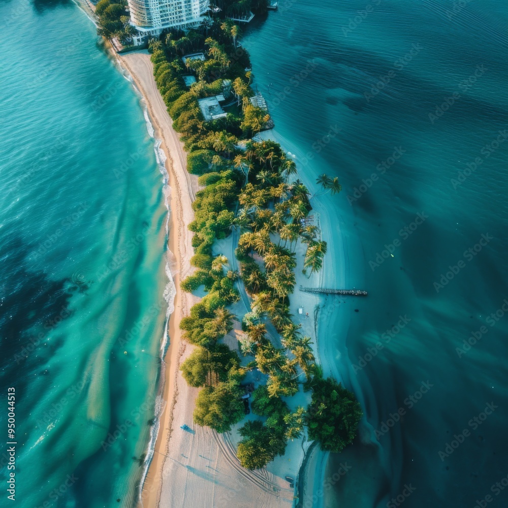 Fototapeta premium A beautiful beach with palm trees and a blue ocean. The beach is lined with houses and a pier. The sky is clear and the sun is shining brightly. Scene is peaceful and relaxing