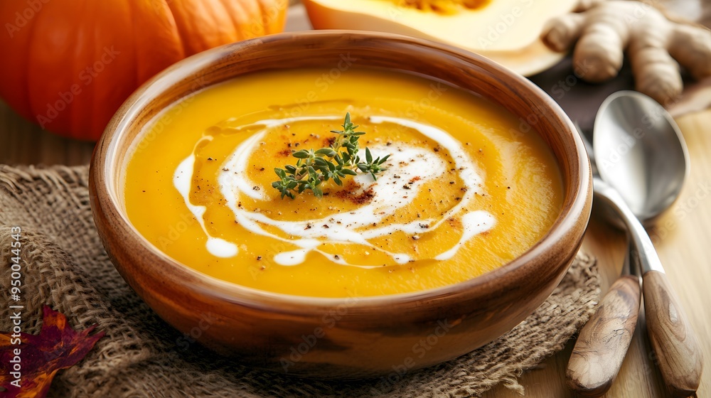 Creamy butternut squash soup garnished with thyme and a swirl of cream. Creamy butternut squash soup garnished with thyme and a swirl of cream.