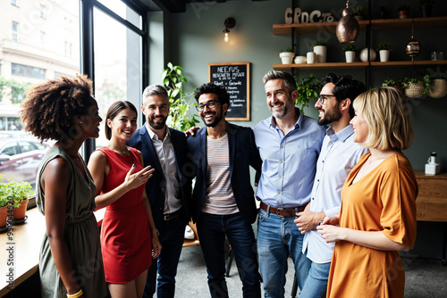 Diverse Group Networking in Urban Cafe: Ideal for Inclusivity Campaigns and Social Media Promotions