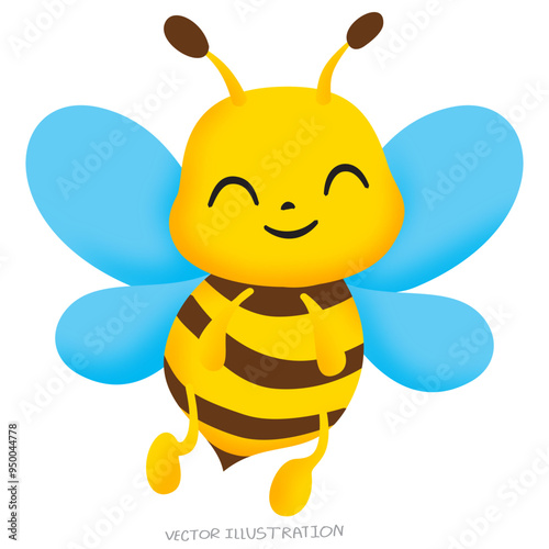 Yellow bee with blue wings flying, vector illustration