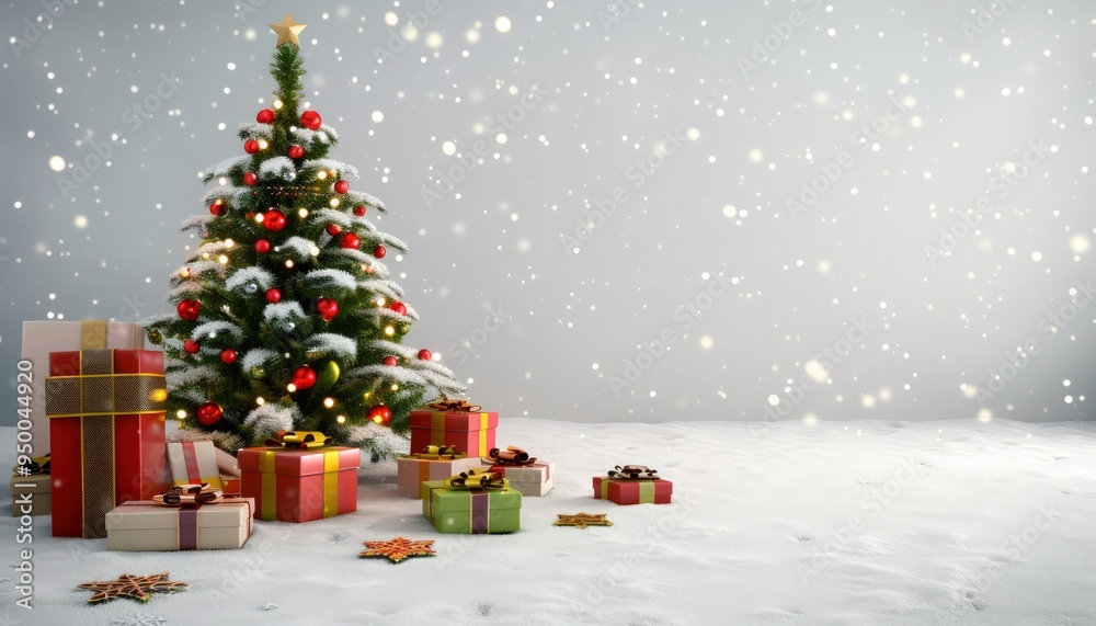 A snowy winter scene with a decorated Christmas tree outside, surrounded by presents and twinkling lights, isolated on a clean white background for a festive feel. A snowy winter scene with a decorated Christmas tree outside, surrounded by presents and twinkling lights, isolated on a clean white background for a festive feel.