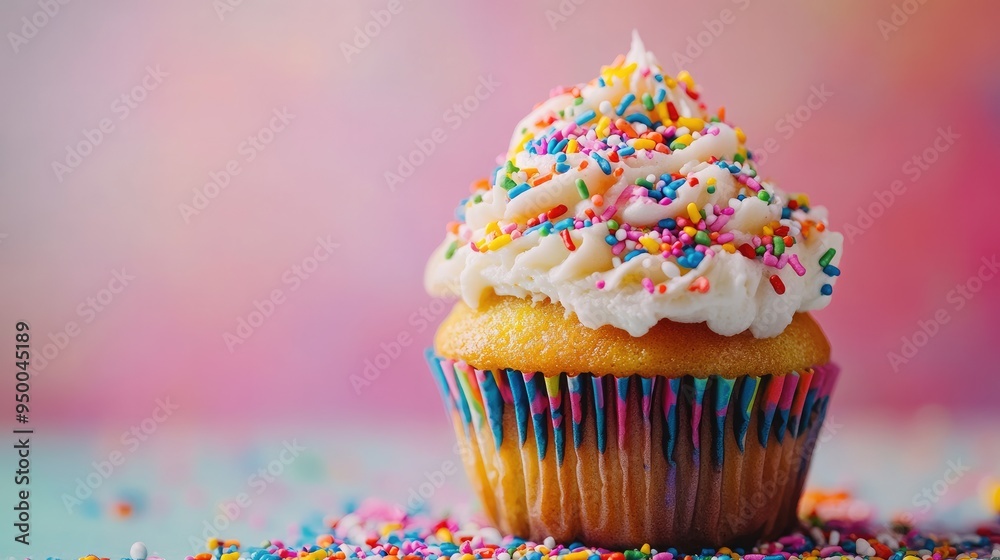 A close-up of a funfetti cupcake with colorful sprinkles inside and out, set on a bright background. A close-up of a funfetti cupcake with colorful sprinkles inside and out, set on a bright background.