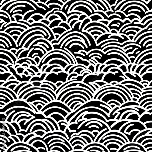 Abstract Black and White Seamless Pattern of Curved Lines