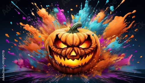 Halloween Pumpkin Explosion A vibrantly colored explosion erupts from a jack-o'-lantern, creating a festive and spooky backdrop for your Halloween projects. photo