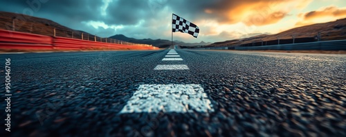 Straight stretch of road on a racetrack leading to the finish line, with the checkered flag waving in the distance, Racetrack Road, Final push to victory