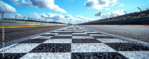 Straight stretch of road on a racetrack leading to the finish line, with the checkered flag waving in the distance, Racetrack Road, Final push to victory