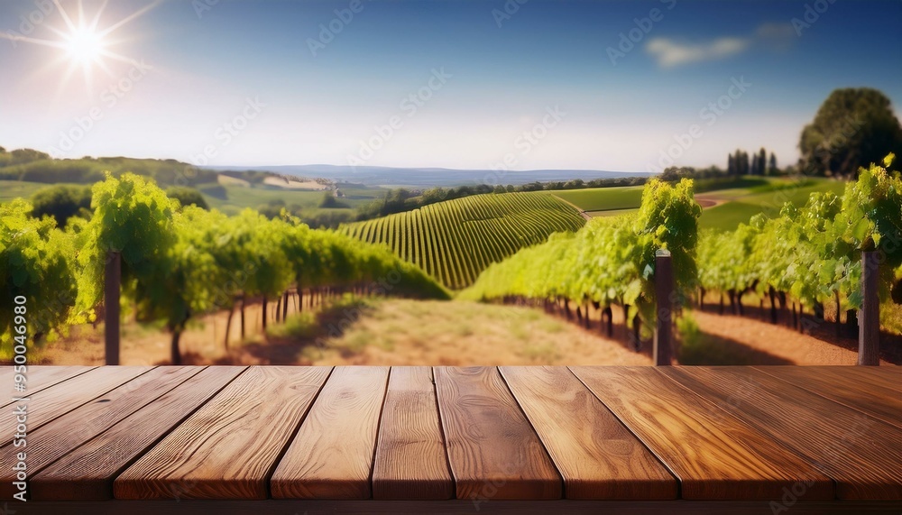 In the background is a blurred French vineyard with an empty wooden table for product display. This is generated using stock In the background is a blurred French vineyard with an empty wooden table for product display. This is generated using stock