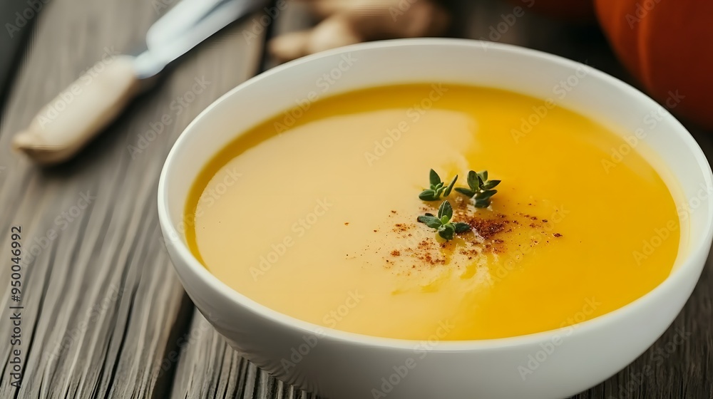 Creamy butternut squash soup garnished with thyme and a sprinkle of spice. Creamy butternut squash soup garnished with thyme and a sprinkle of spice.