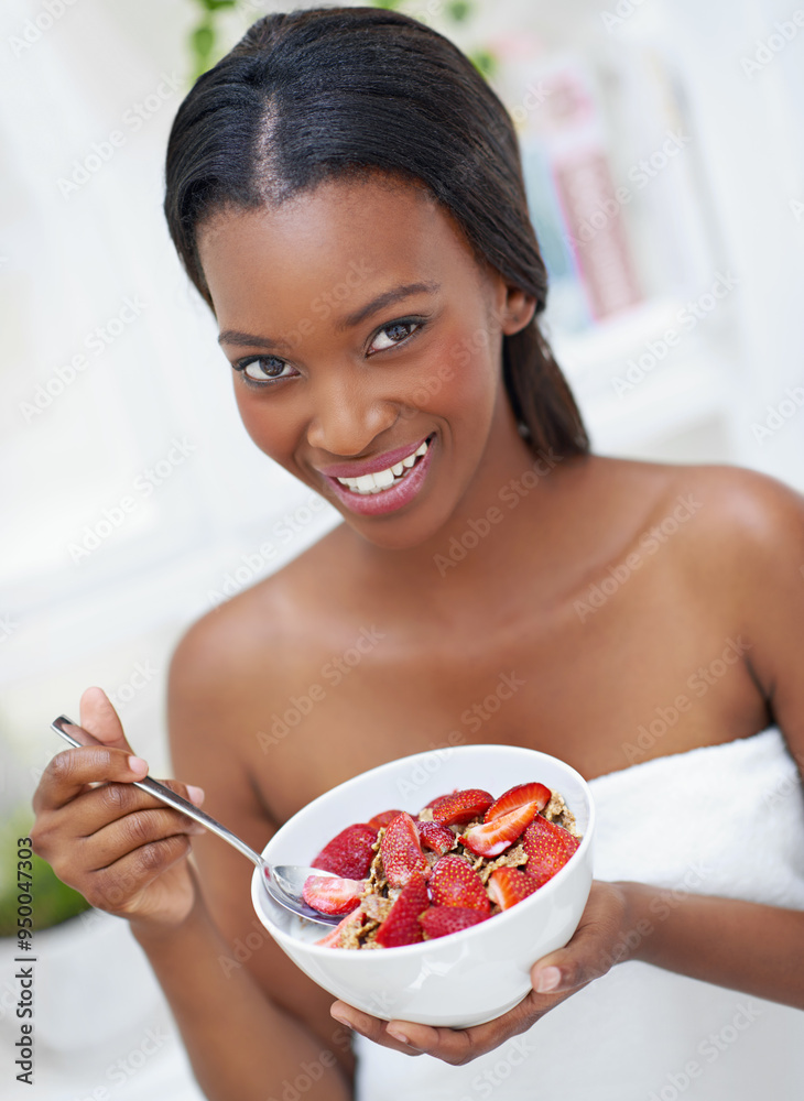 Black woman, portrait and strawberry breakfast in home , nutrition and organic fruit for wellness. Female person, relax and morning vitamins in kitchen, vegan detox and paleo food for weight loss Black woman, portrait and strawberry breakfast in home , nutrition and organic fruit for wellness. Female person, relax and morning vitamins in kitchen, vegan detox and paleo food for weight loss