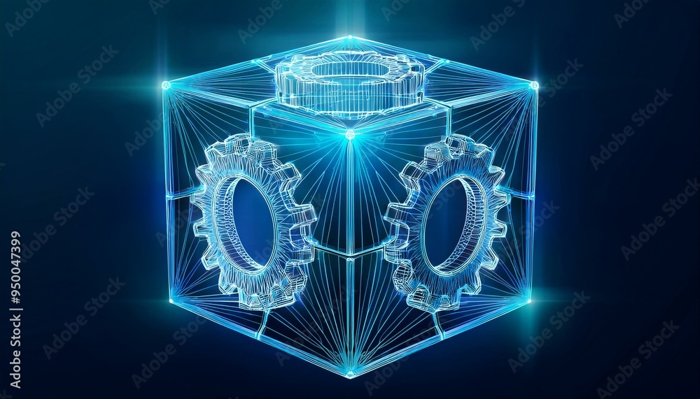 Fototapeta premium Isolated modern illustration of abstract box with cog wheels, low poly style. Geometric background. Wireframe light connection structure. Modern 3D graphic concept.