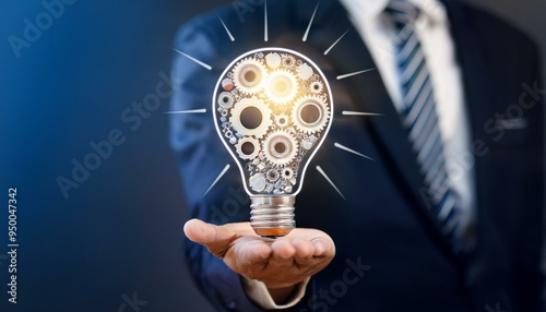 Innovation or product development, idea for solving business problems, invention or technology creation for building new products, efficiency concept, businessman builds gear in lightbulb.