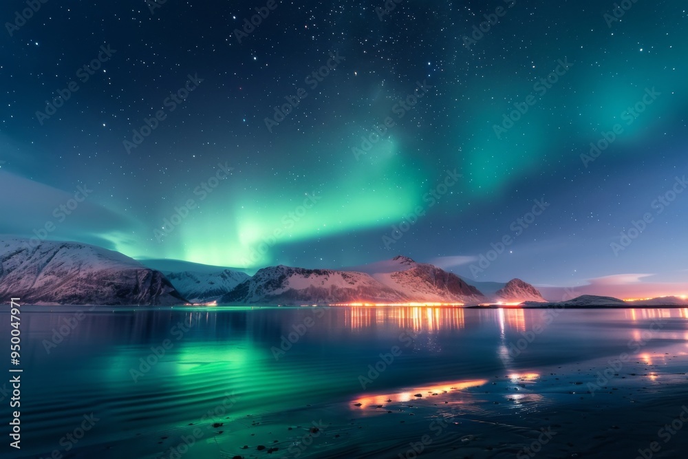 The sky is filled with stars and the water is calm. The mountains in the background are covered in snow The sky is filled with stars and the water is calm. The mountains in the background are covered in snow