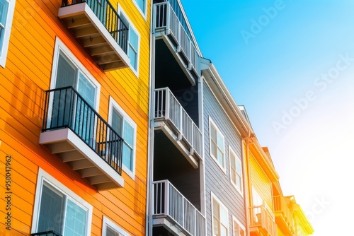 A row of apartment buildings with balconies and a sunny day. The buildings are painted in different colors, creating a vibrant and lively atmosphere. The balconies are adorned with railings