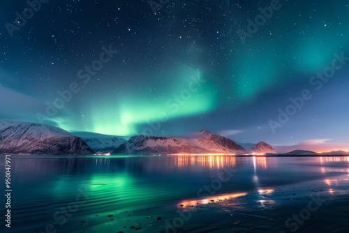 The sky is filled with stars and the water is calm. The mountains in the background are covered in snow photo