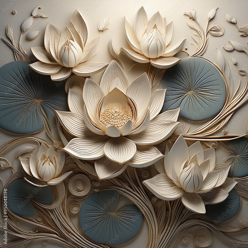 Lotus Flowers and Lily Pads are sculpted in texture relief, symbolizing purity on this wall. Lotus Flowers and Lily Pads are sculpted in texture relief, symbolizing purity on this wall.