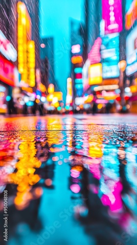 Glowing neon signs reflected in a rainsoaked street, urban glowtime, atmospheric and vibrant photo