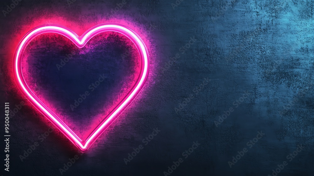 Neon heart sign glowing on a dark background.