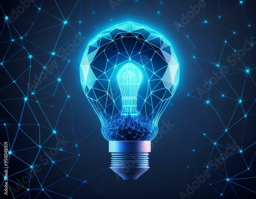 Low poly style design with a glowing blue light bulb. Abstract geometric background with wireframe light connection structure. Isolated modern illustration with a modern 3d graphic concept.