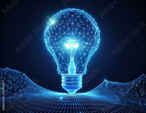 Low poly style design with a glowing blue light bulb. Abstract geometric background with wireframe light connection structure. Isolated modern illustration with a modern 3d graphic concept.