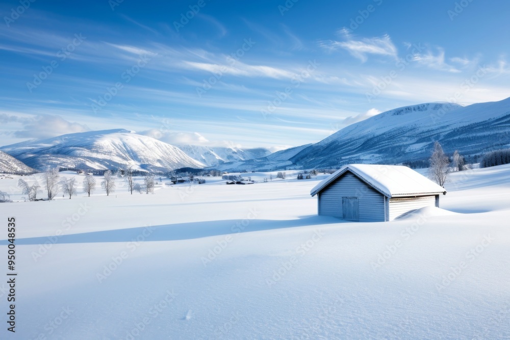 A small cabin is sitting in the snow on a mountain. The sky is clear and the snow is white A small cabin is sitting in the snow on a mountain. The sky is clear and the snow is white