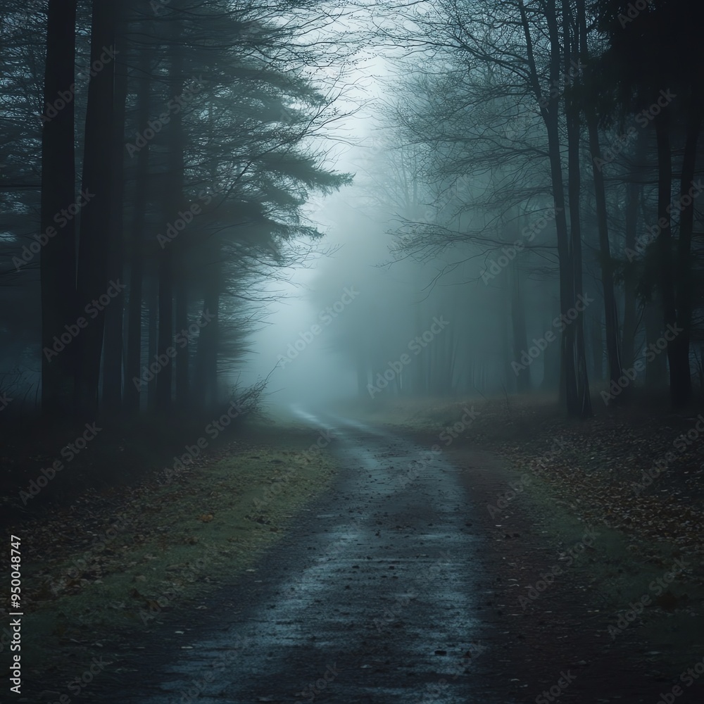 Naklejka premium A foggy road through a dense forest, mysterious and moody, cinematic style, isolated on white background
