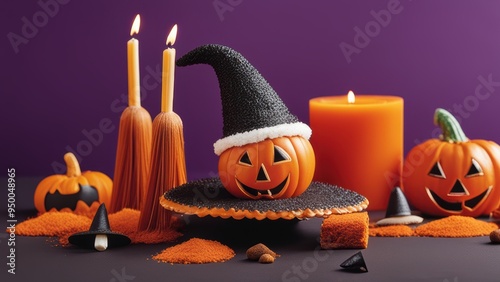 Festive Halloween setup with jack-o'-lanterns candles and small decorations. photo