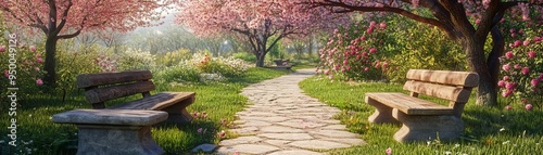 Garden path with stone benches under blooming trees, rest and relaxation, serene escape