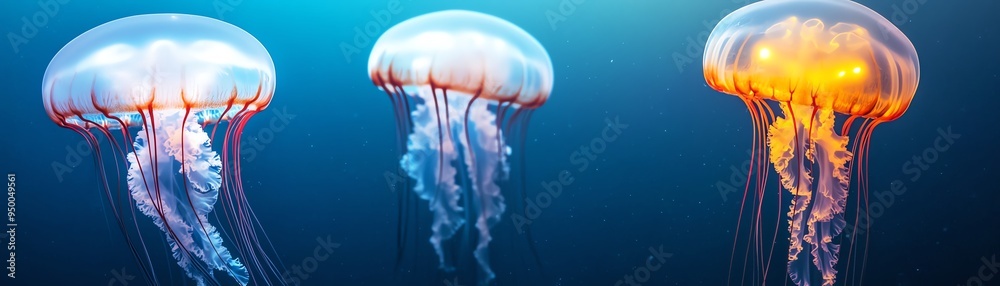 Fototapeta premium Three jellyfish of different colors swimming in the ocean.