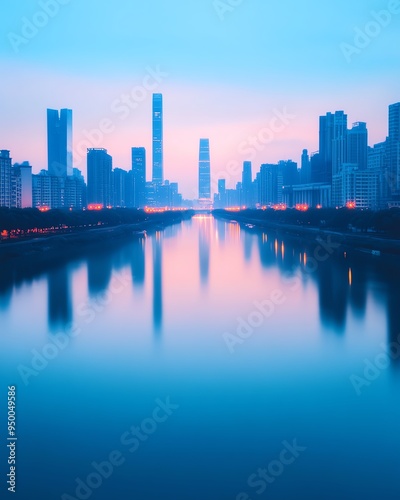 City skyline at dusk with glowing skyscrapers reflecting on a calm river, urban glowtime, serene and modern