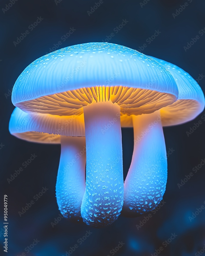 Two glowing mushrooms in a dark forest setting. Two glowing mushrooms in a dark forest setting.