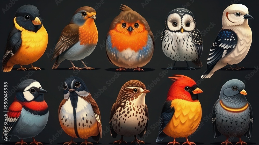 Fototapeta premium Whimsical Bird Collection: Vector Cartoon Animals, Nature Pattern, Seamless Design, Owl, Dove, Duck, Pigeon, AI Generated