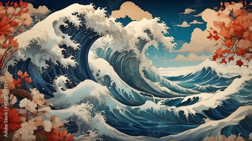 Stunning ocean wave depicted in the Japanese vintage style
