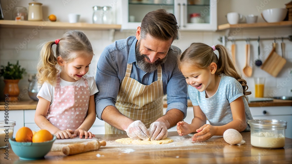 Playful girls kneading dough with father in kitchen at home Playful girls kneading dough with father in kitchen at home