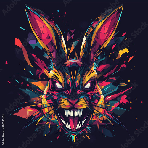 Fierce rabbit in vibrant geometric style, abstract t-shirt print design photo