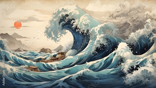 Stunning ocean wave depicted in the Japanese vintage style