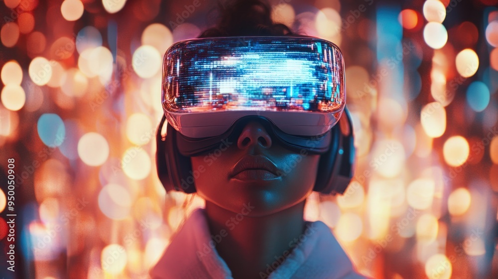 Woman Experiencing Virtual Reality with Futuristic Headset Woman Experiencing Virtual Reality with Futuristic Headset