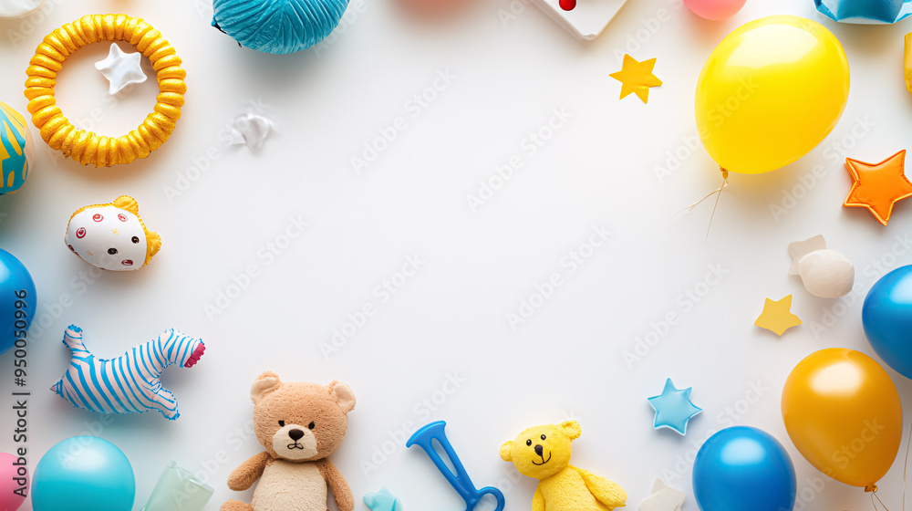 Flat lay composition with toys and space for text on white background. New baby birth celebration background.
Flat lay composition with toys and space for text on white background. New baby birth celebration background.