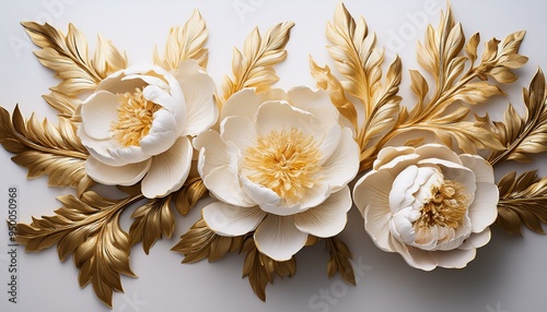 Peonies in stucco are adorned with golden leaves and buds on a white background.