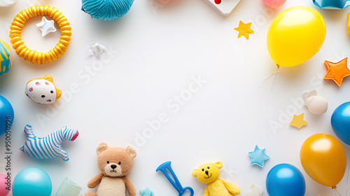 Flat lay composition with toys and space for text on white background. New baby birth celebration background.
 #950050996