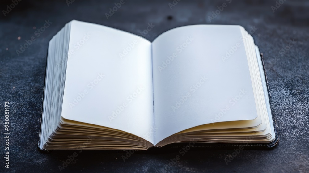 Open notebook with blank pages, laid out on a dark background, offering a clean space for design ideas. Open notebook with blank pages, laid out on a dark background, offering a clean space for design ideas.
